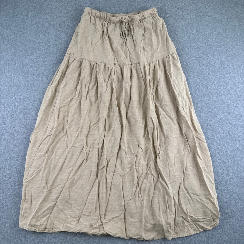 Women's Linen Blend Maxi Skirt in Beige - Drawstring Waist